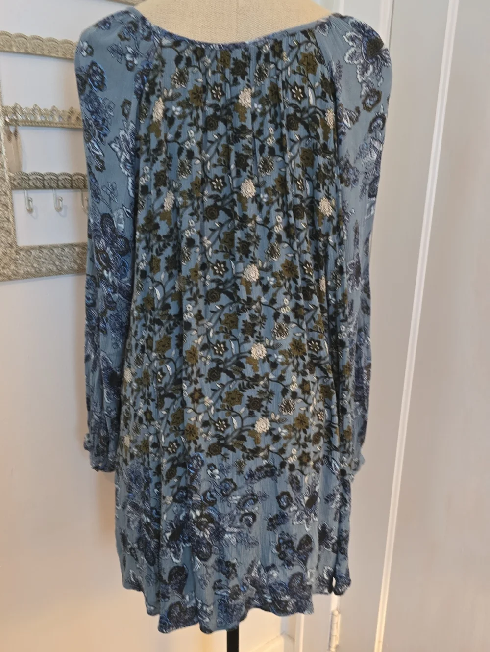 FREE PEOPLE ...Boho Floral Tie-Neck Long Sleeve Dress in Dusty Blue